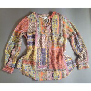 Liz Claiborne Large Boho Paisley Patchwork Long Sleeve Blouse Top Chiffon Henley